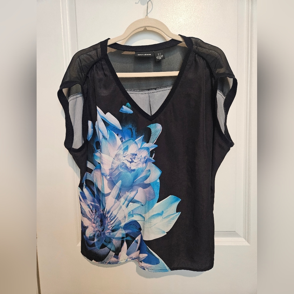 DKNY Jeans black top with blue floral detail and sheer material size M